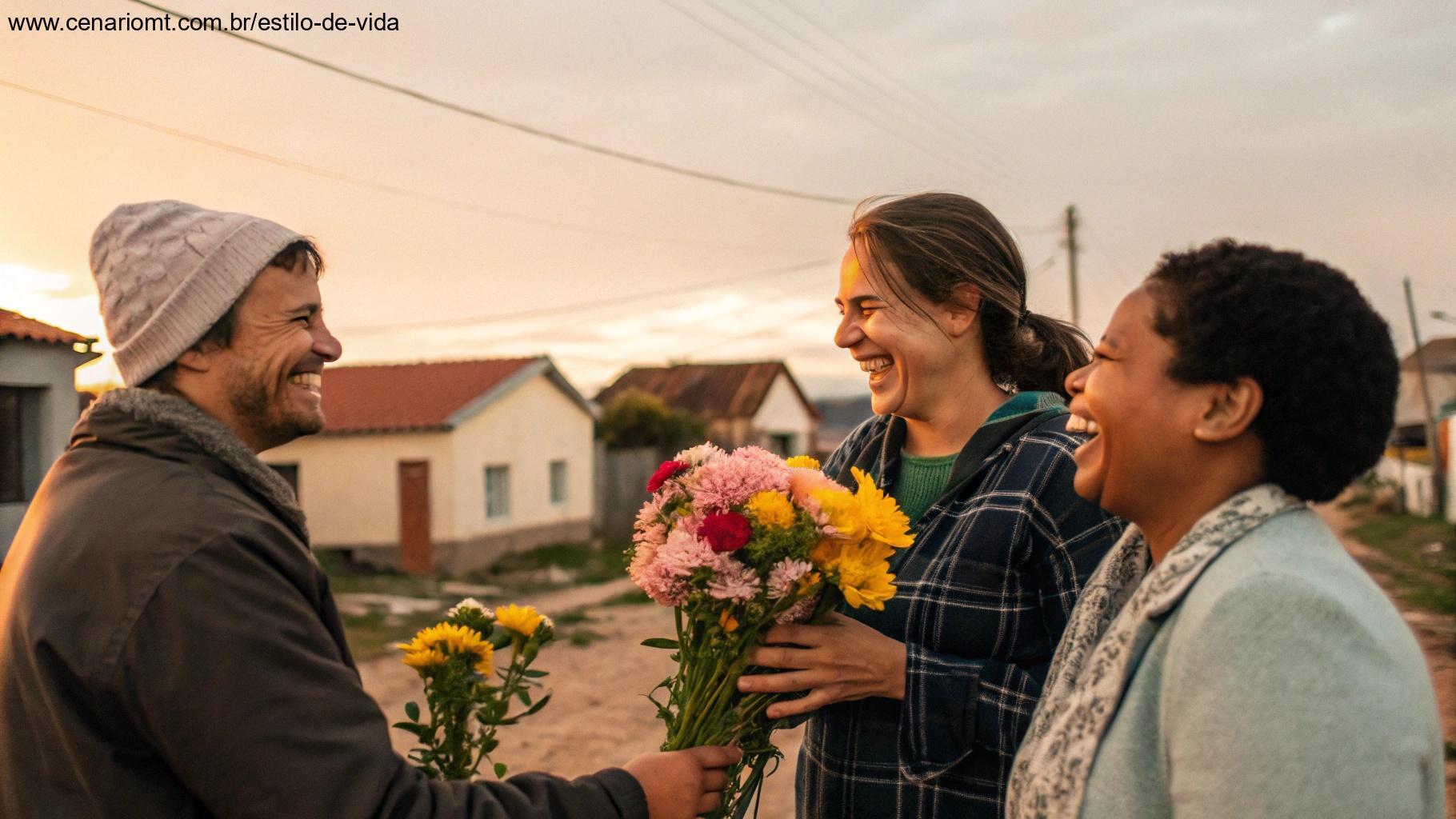 Pessoas compartilhando flores em um ambiente de comunidade e luz suave