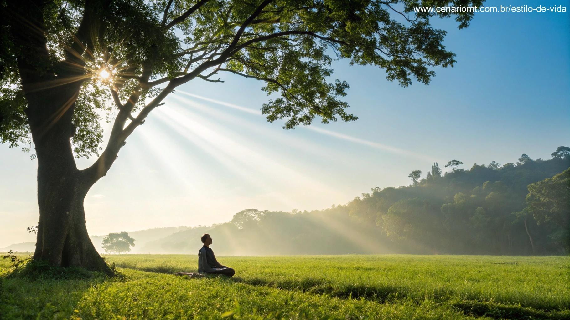 Pessoa meditando sob uma árvore em um campo verde com céu azul pela manhã