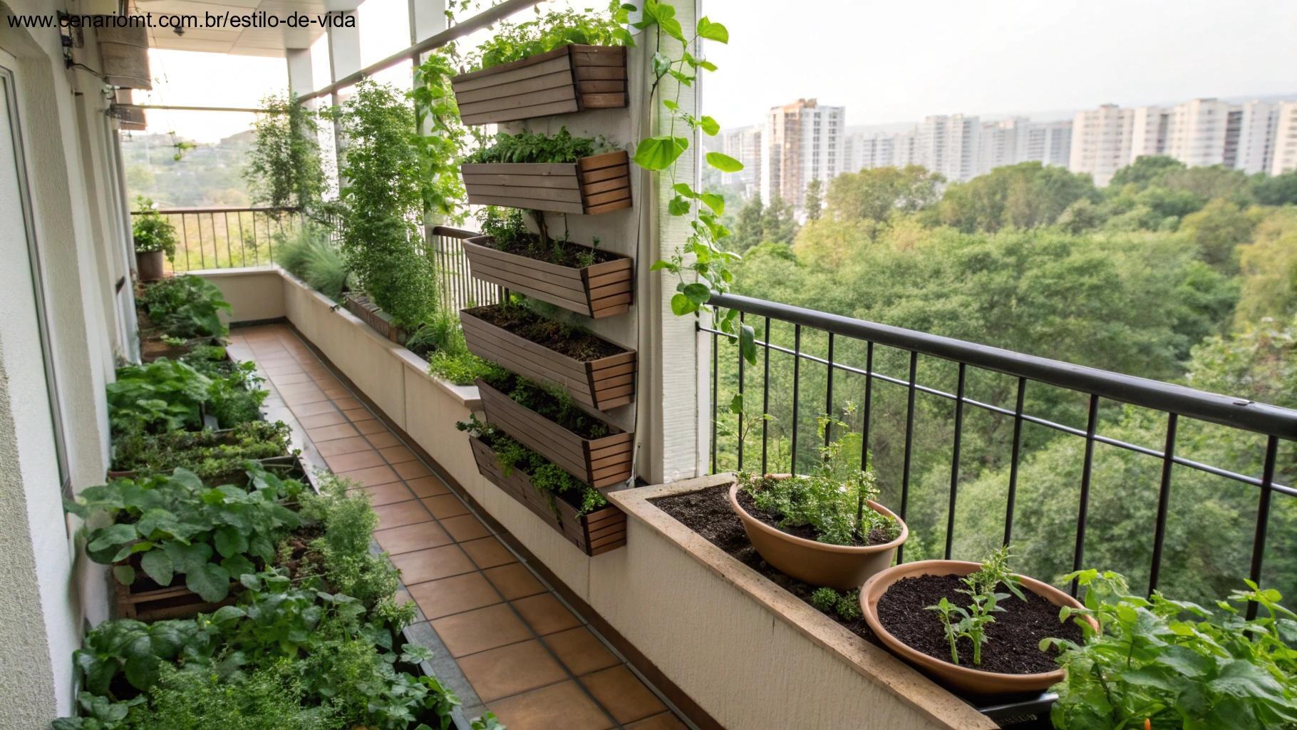 Horta integrada com jardim vertical e decoração sustentável em uma varanda