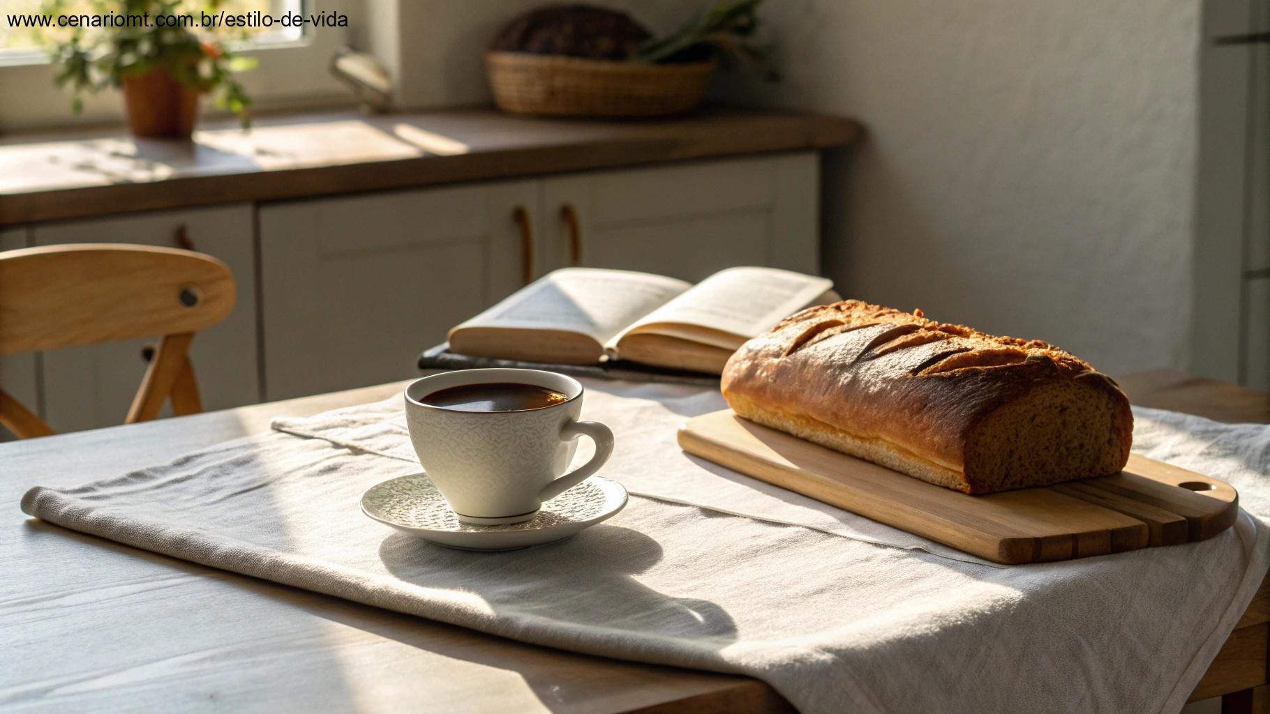 Mesa de cozinha simples com café, pão fresco e Bíblia aberta na luz natural da manhã