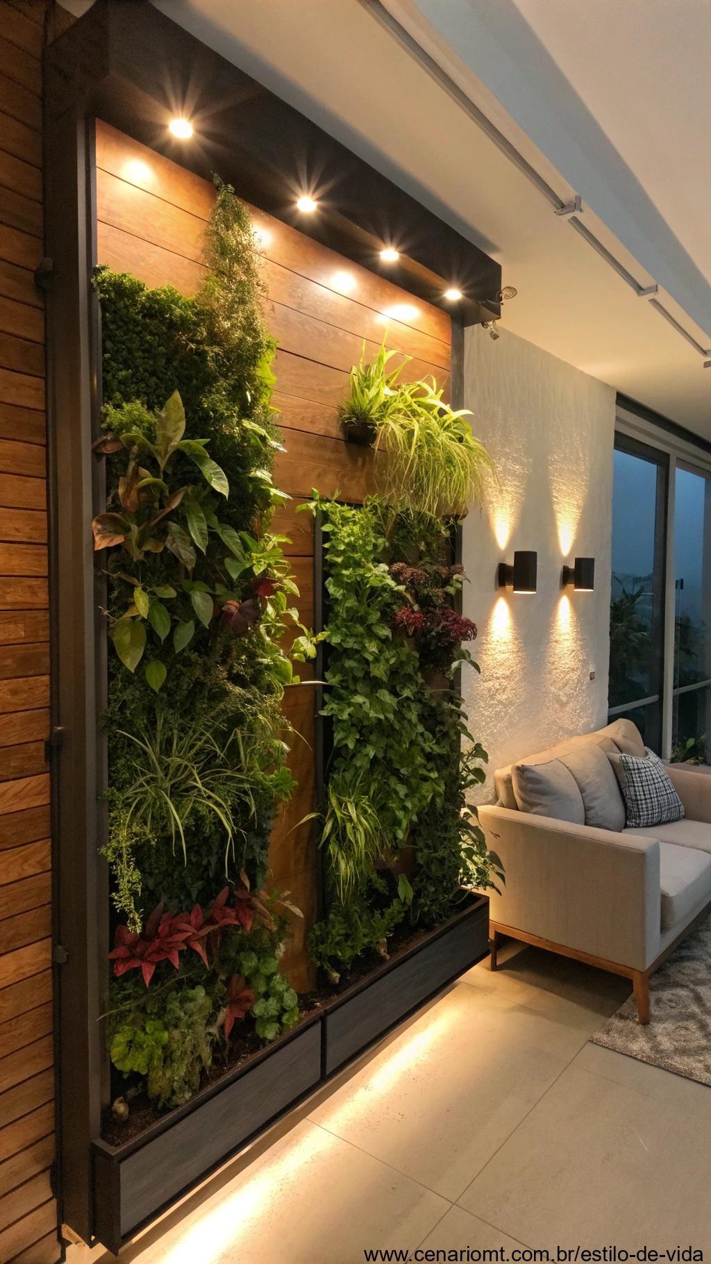Jardim vertical com iluminação embutida decorando parede