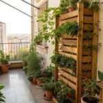 Jardim vertical em uma varanda com várias plantas em vasos e estruturas de madeira