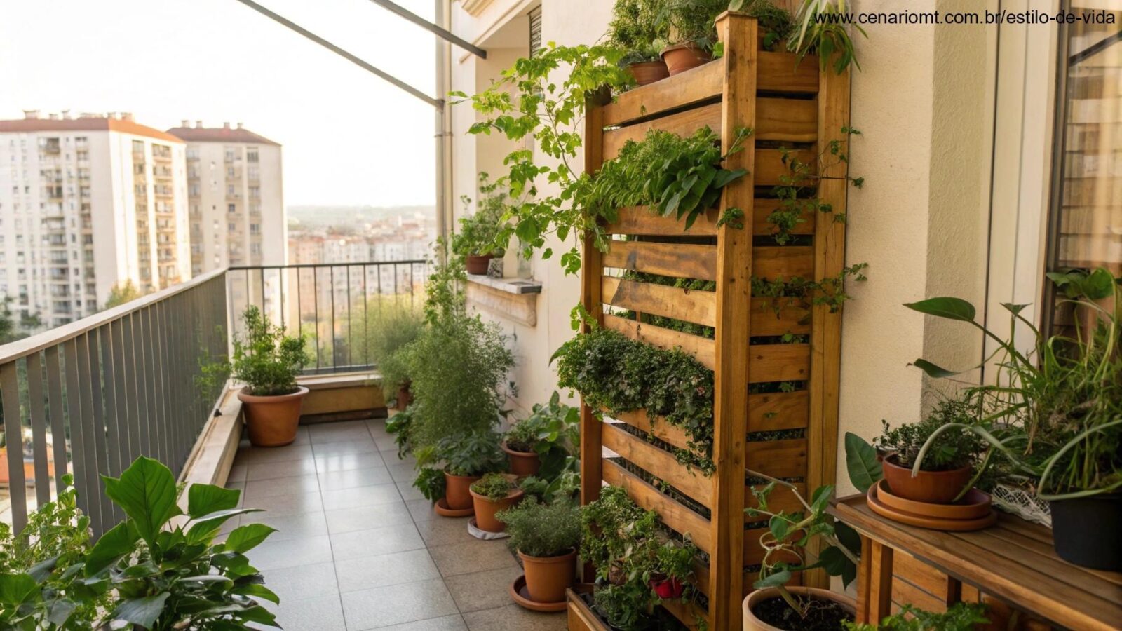 Jardim vertical em uma varanda com várias plantas em vasos e estruturas de madeira
