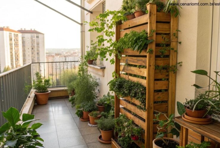 Jardim vertical em uma varanda com várias plantas em vasos e estruturas de madeira