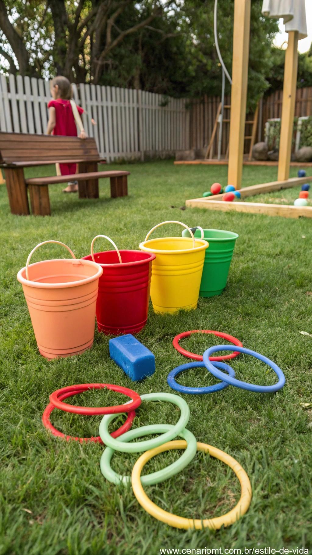 Jogo de argolas reciclável com baldes coloridos