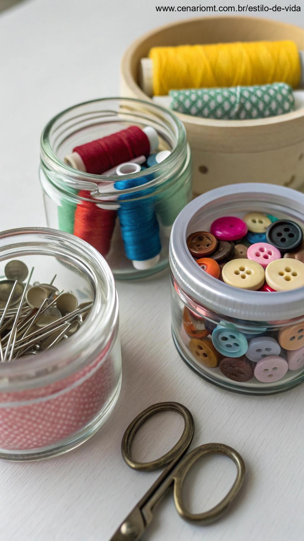 Kit de costura portátil feito com potes reaproveitados
