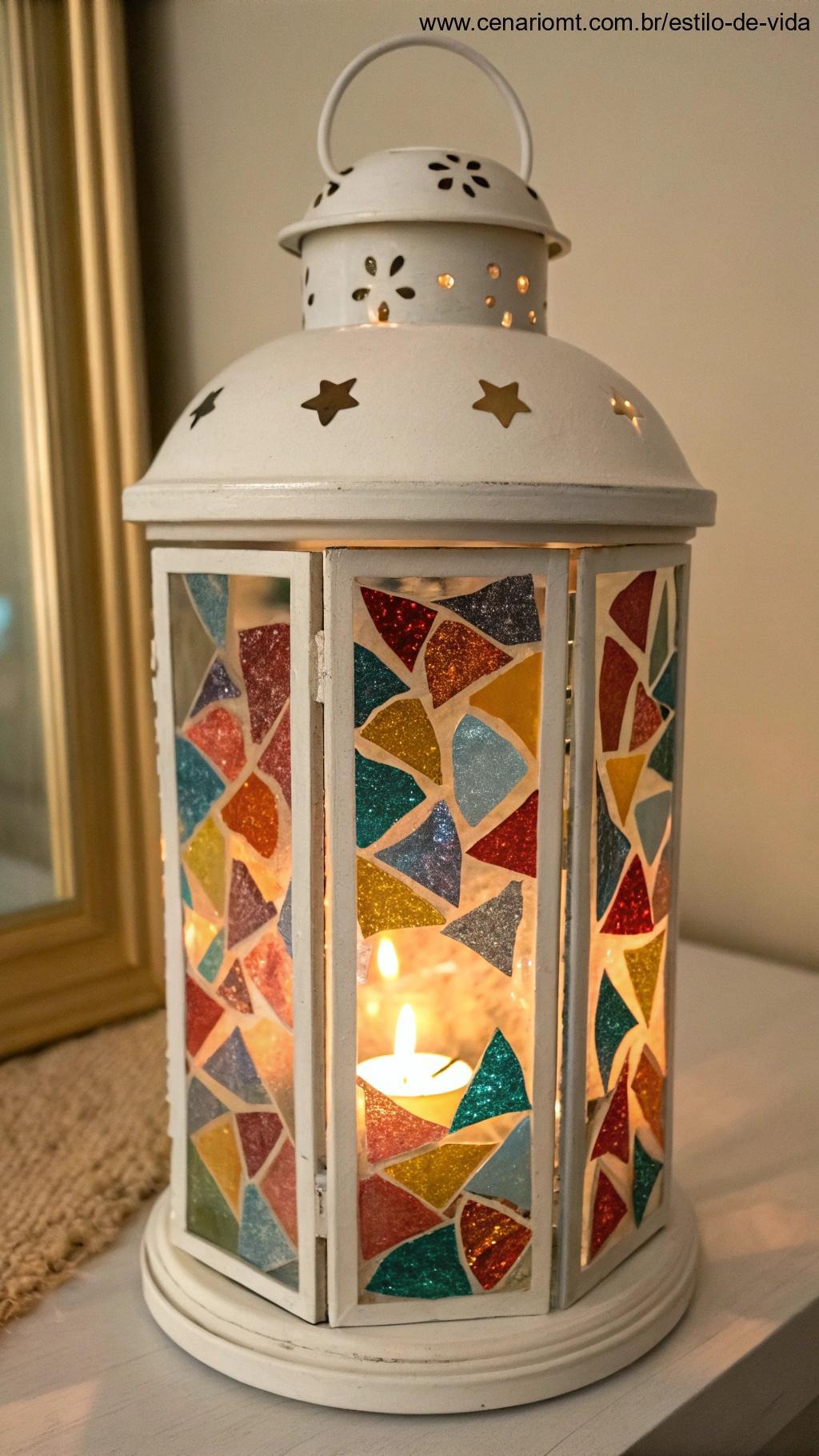 Lanterna com mosaico de papel colorido e luz interna