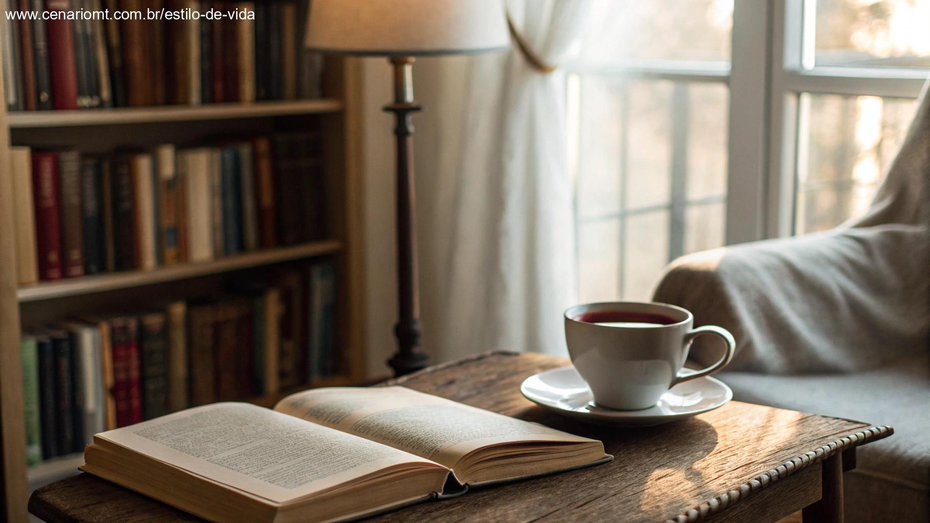 Canto de leitura tranquilo com Bíblia aberta e ambiente acolhedor