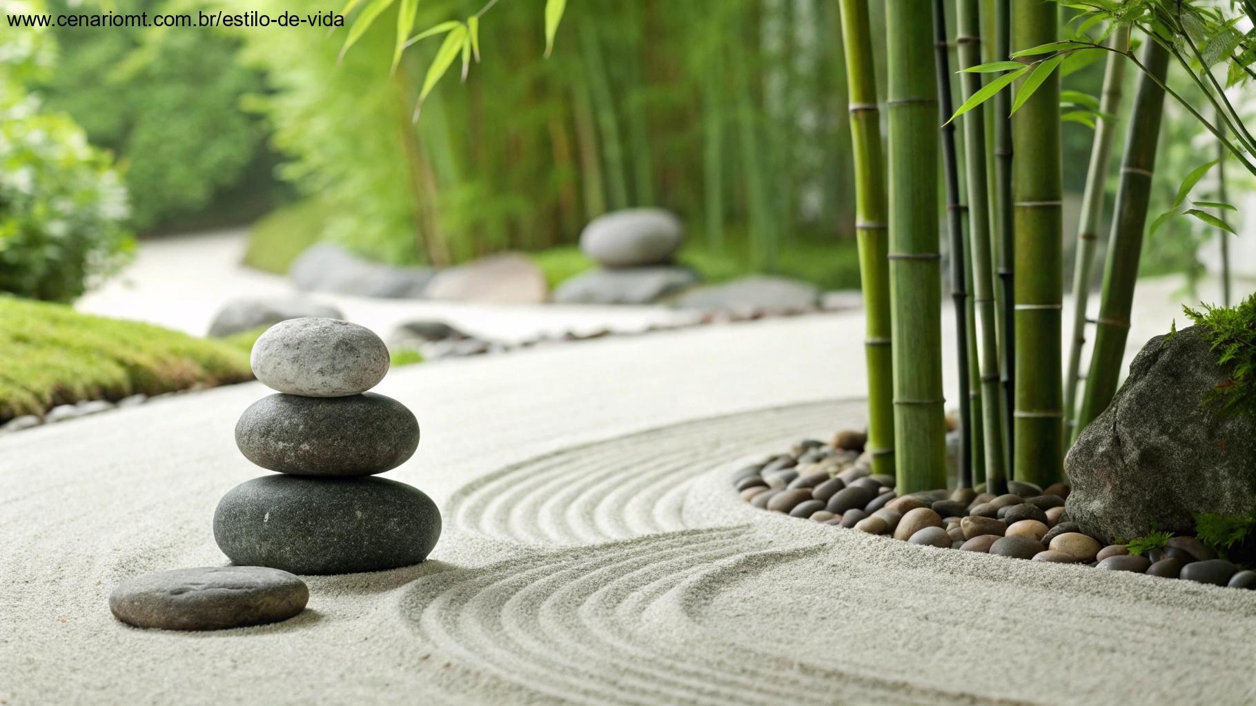 Jardim zen com pedras e bambu representando equilíbrio