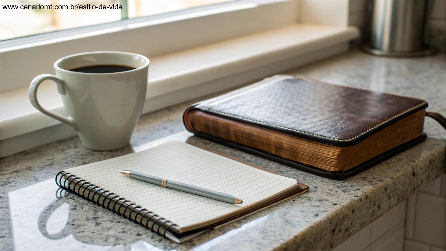 Bíblia em capa de couro junto a xícara de café e caderno em bancada de cozinha