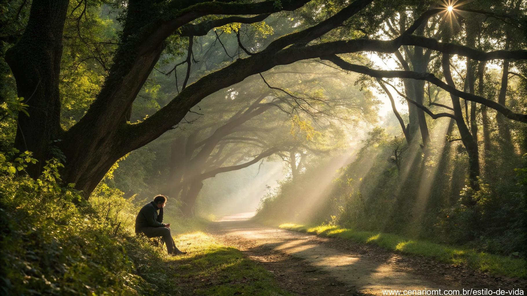 Pessoa lendo em meio à floresta iluminada, representando as lições do Evangelho