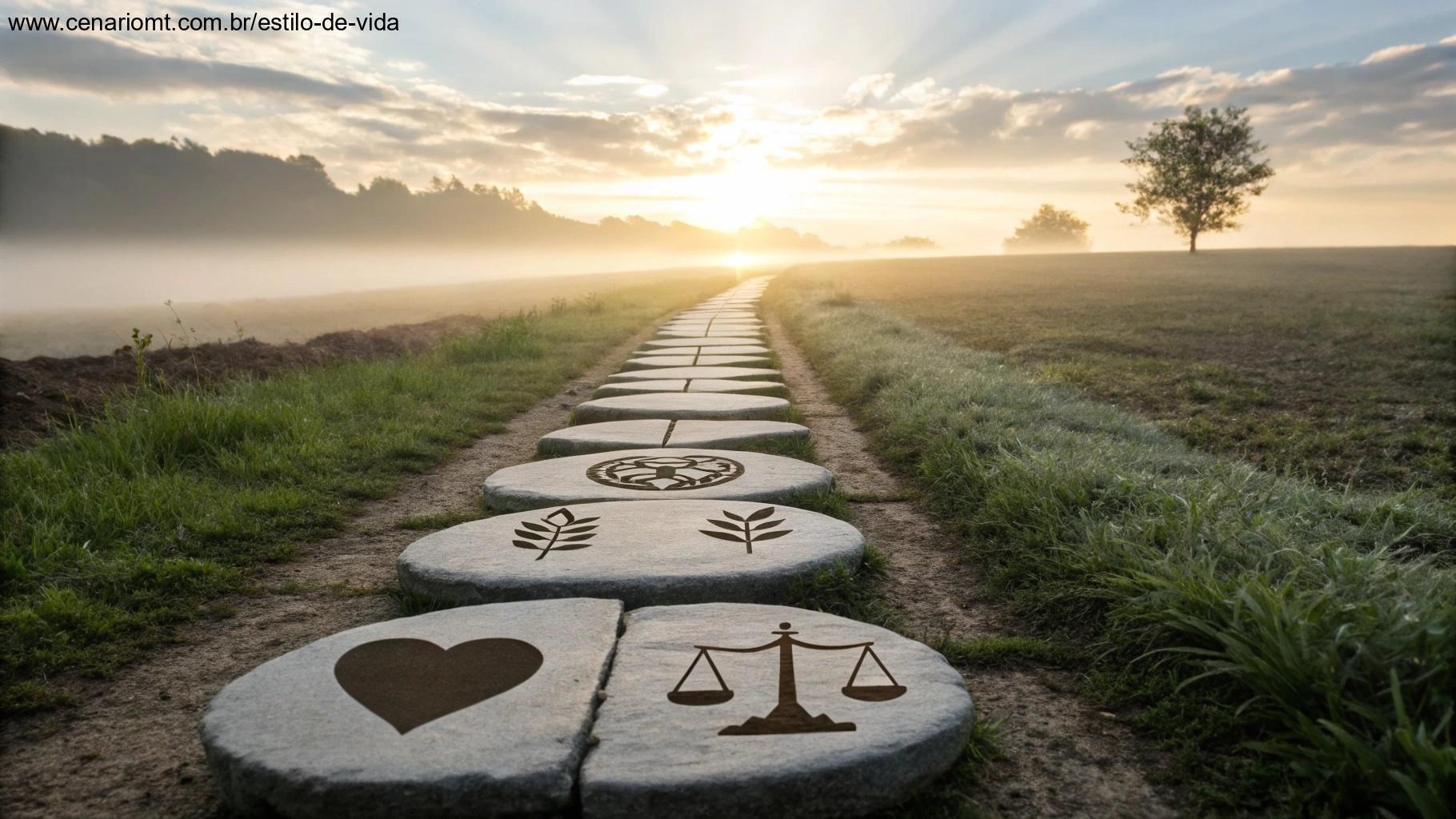 Caminho de pedras com símbolos de virtudes espirituais levando ao horizonte luminoso