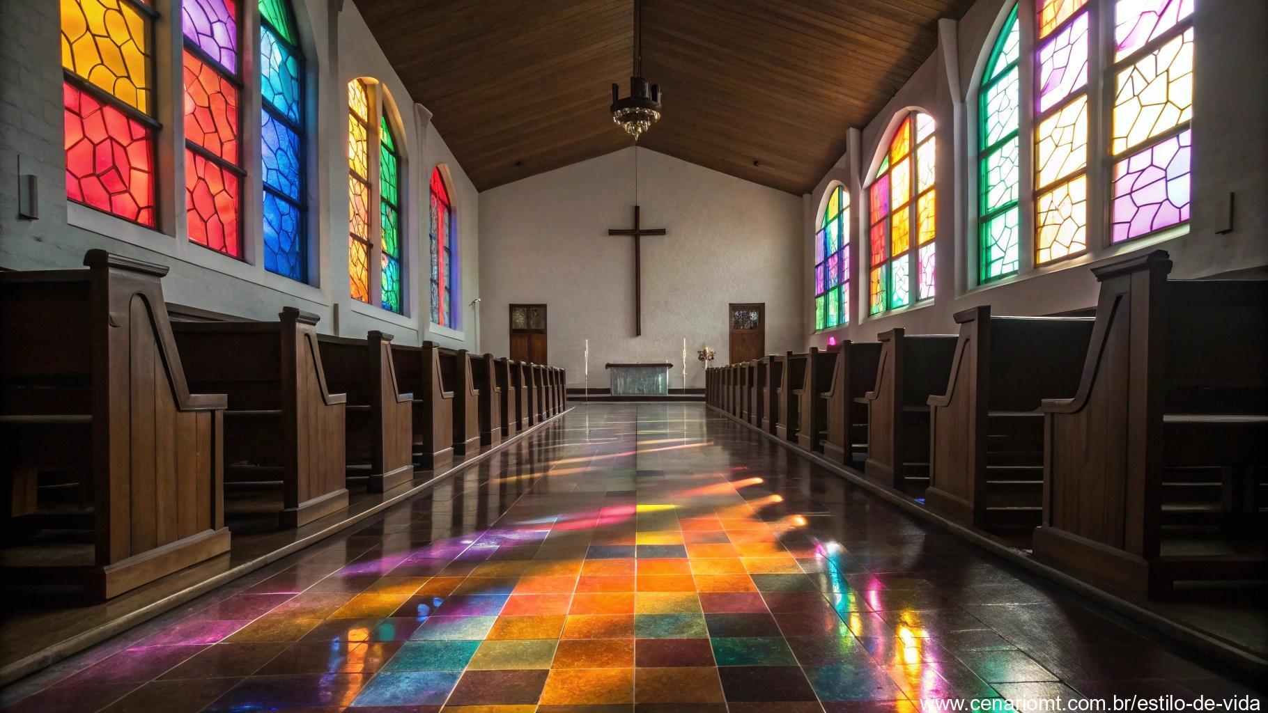 Interior de uma igreja com bancos e vitrais projetando reflexos coloridos, um altar com uma cruz simples ao fundo