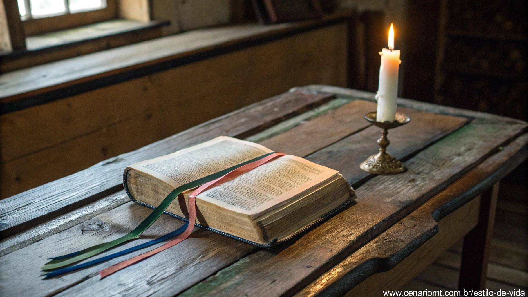 Bíblia antiga com marcadores de fitas coloridas em uma mesa de madeira