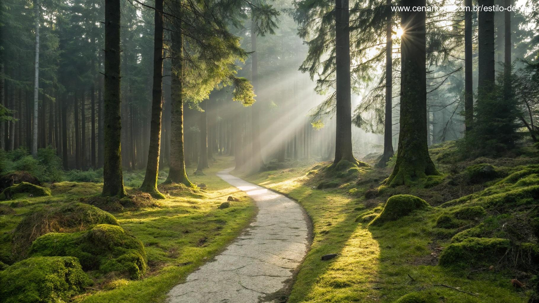 Caminho sereno e simples atravessando a floresta, com raios de sol filtrando pelas árvores.