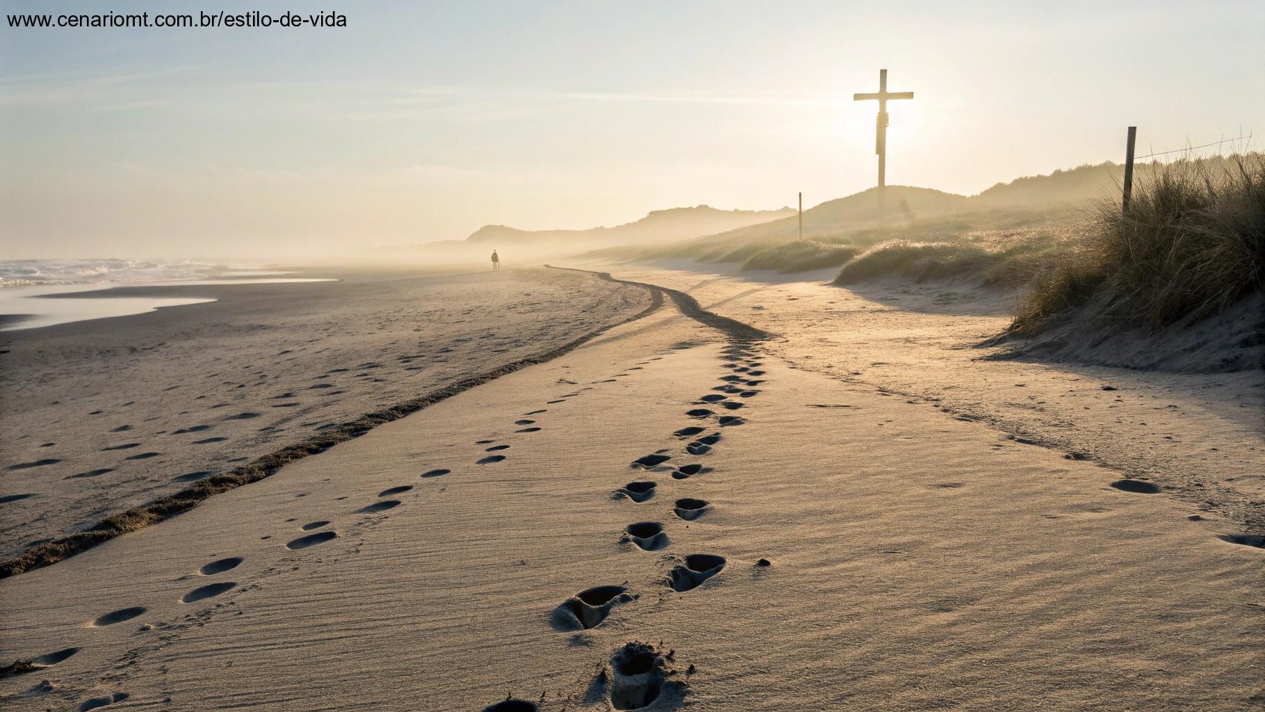 Pegadas na areia ao amanhecer com sombra em forma de cruz ao fundo