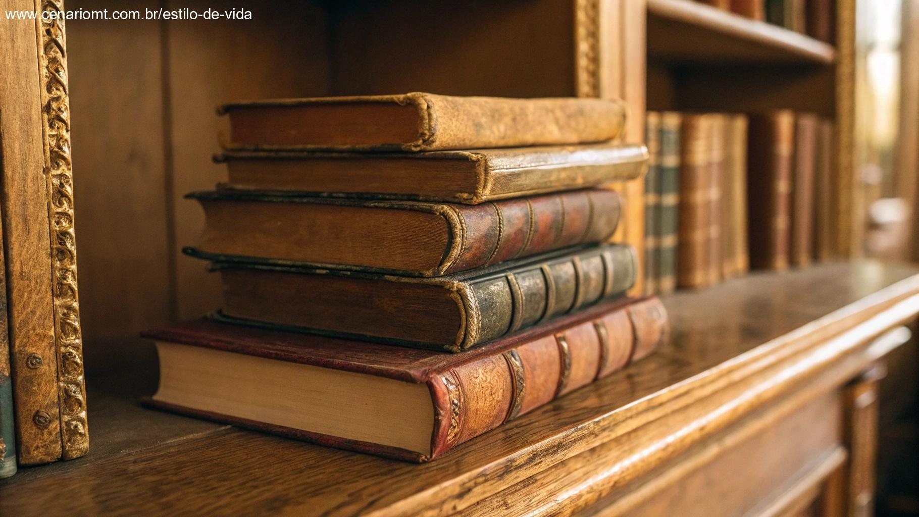 Pilha de livros antigos com capas de couro desgastadas e bordas douradas, alguns levemente abertos, em uma estante de madeira com iluminação suave