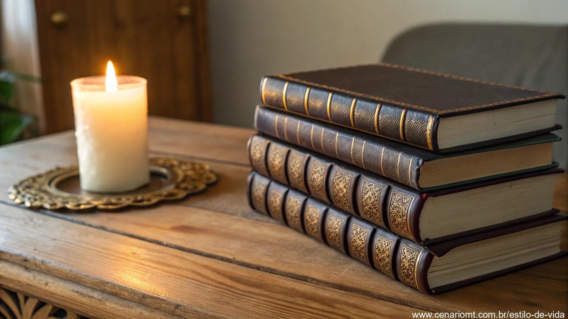 Pilha de livros religiosos encadernados em couro com bordas douradas em uma mesa de madeira ao lado de uma vela acesa