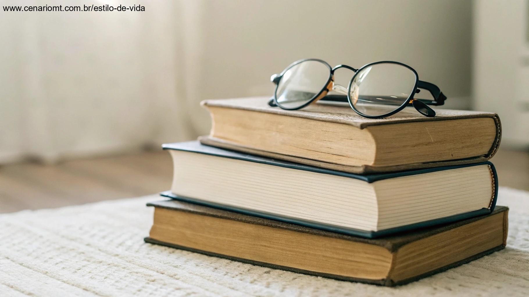 Pilha de livros espirituais com óculos de leitura em cima, contra um fundo desfocado suave