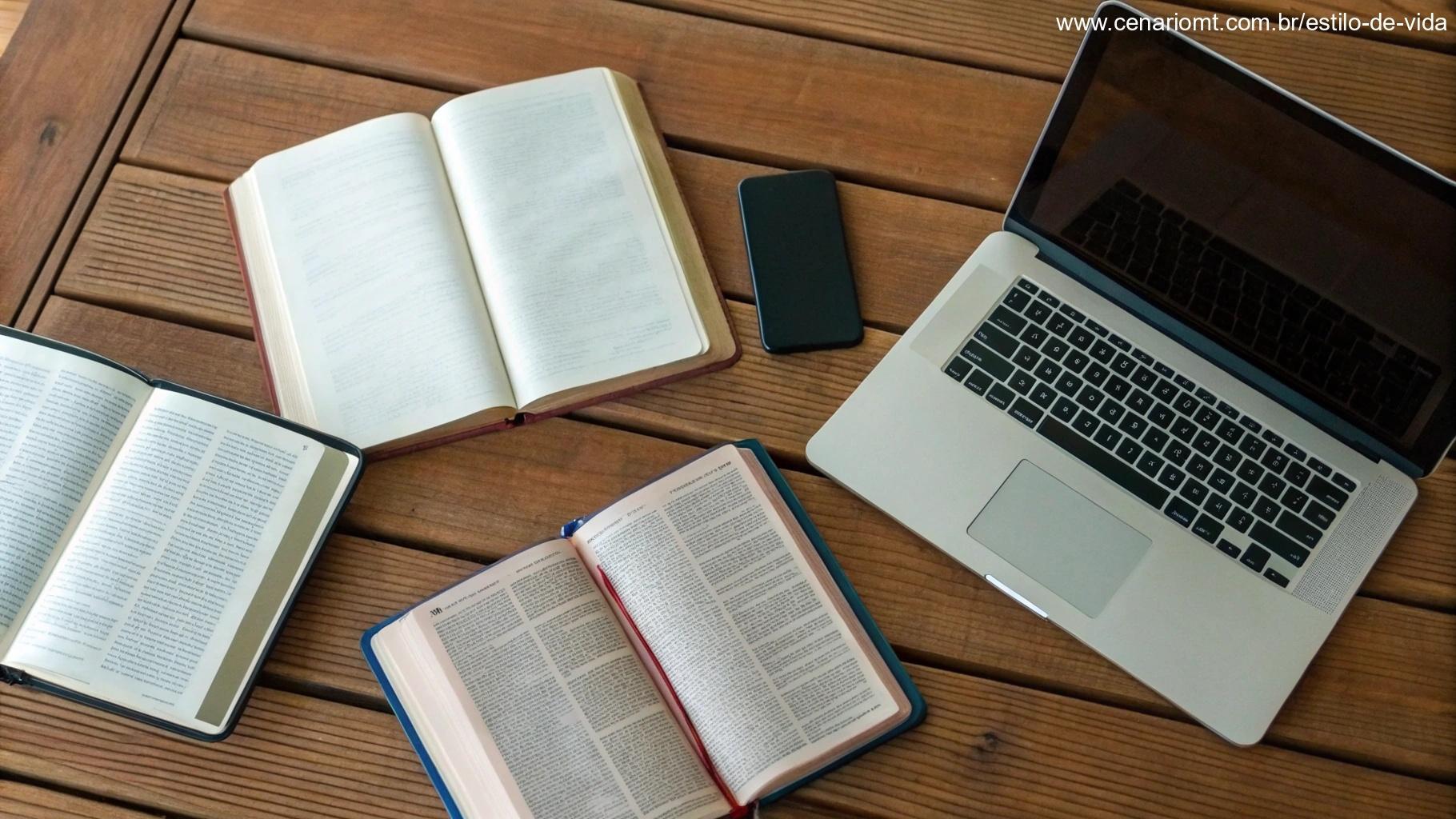 Imagem de uma coleção de livros abertos e dispositivos digitais, simbolizando recursos para reflexão e oração.