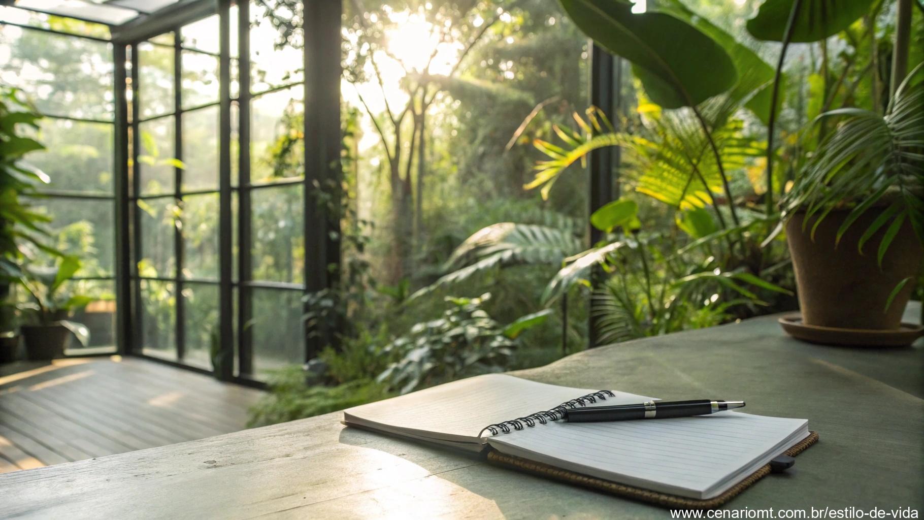 Caderno e caneta em uma mesa com uma lista de ações positivas, cercados por plantas e luz natural