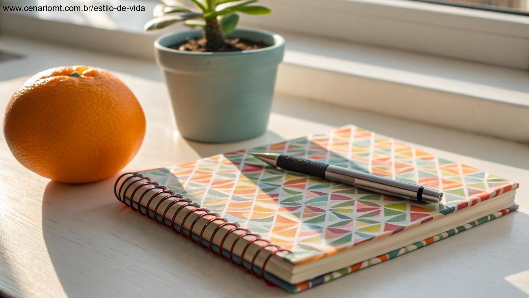 Caderno colorido com caneta, laranja e planta em uma mesa iluminada, representando hábitos positivos