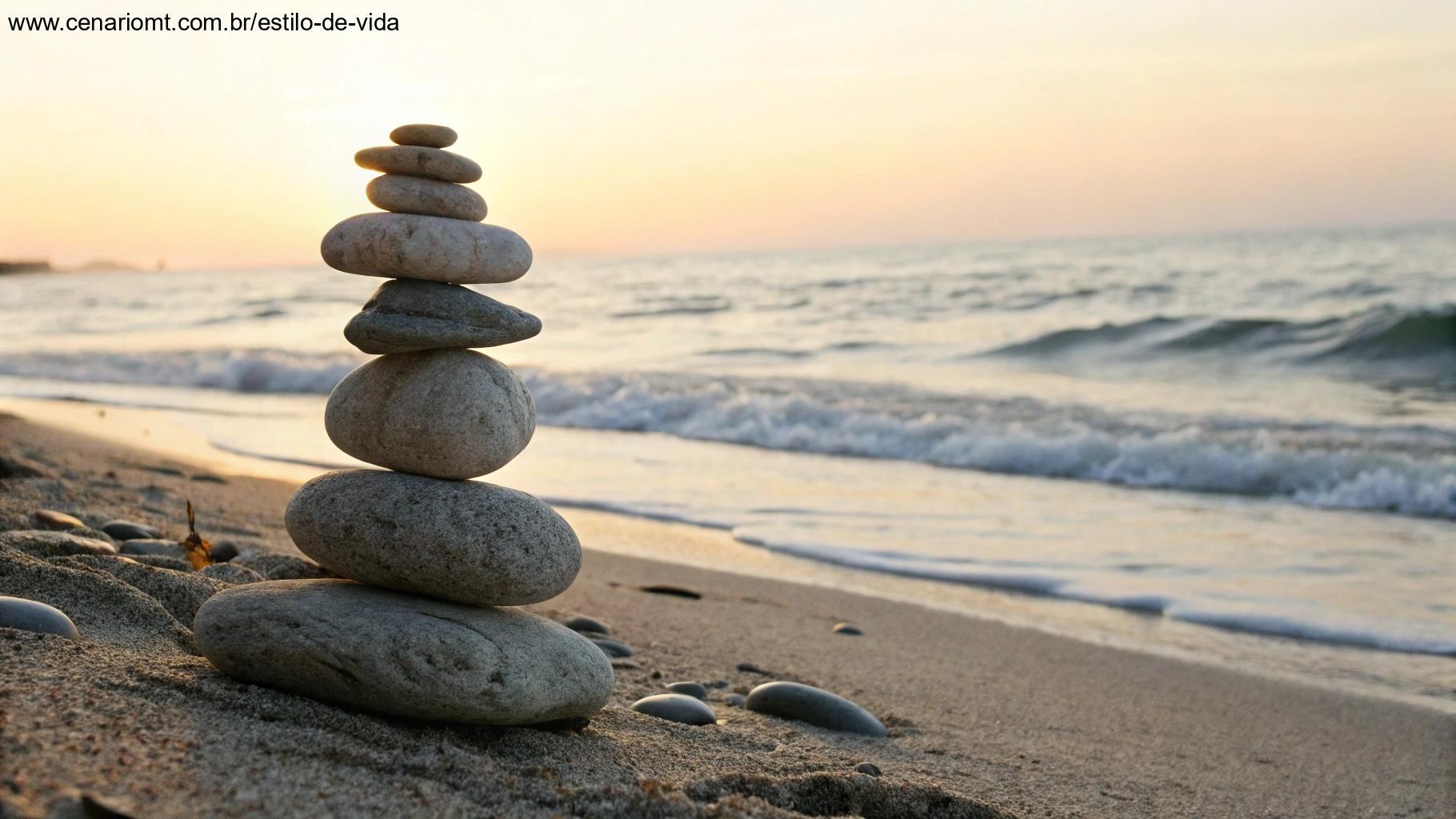 Pedras lisas equilibradas harmonicamente numa praia durante o pôr do sol