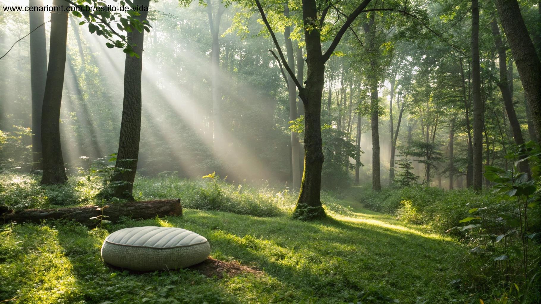 Clareira tranquila na floresta com raios de sol atravessando as árvores e um travesseiro de meditação no centro