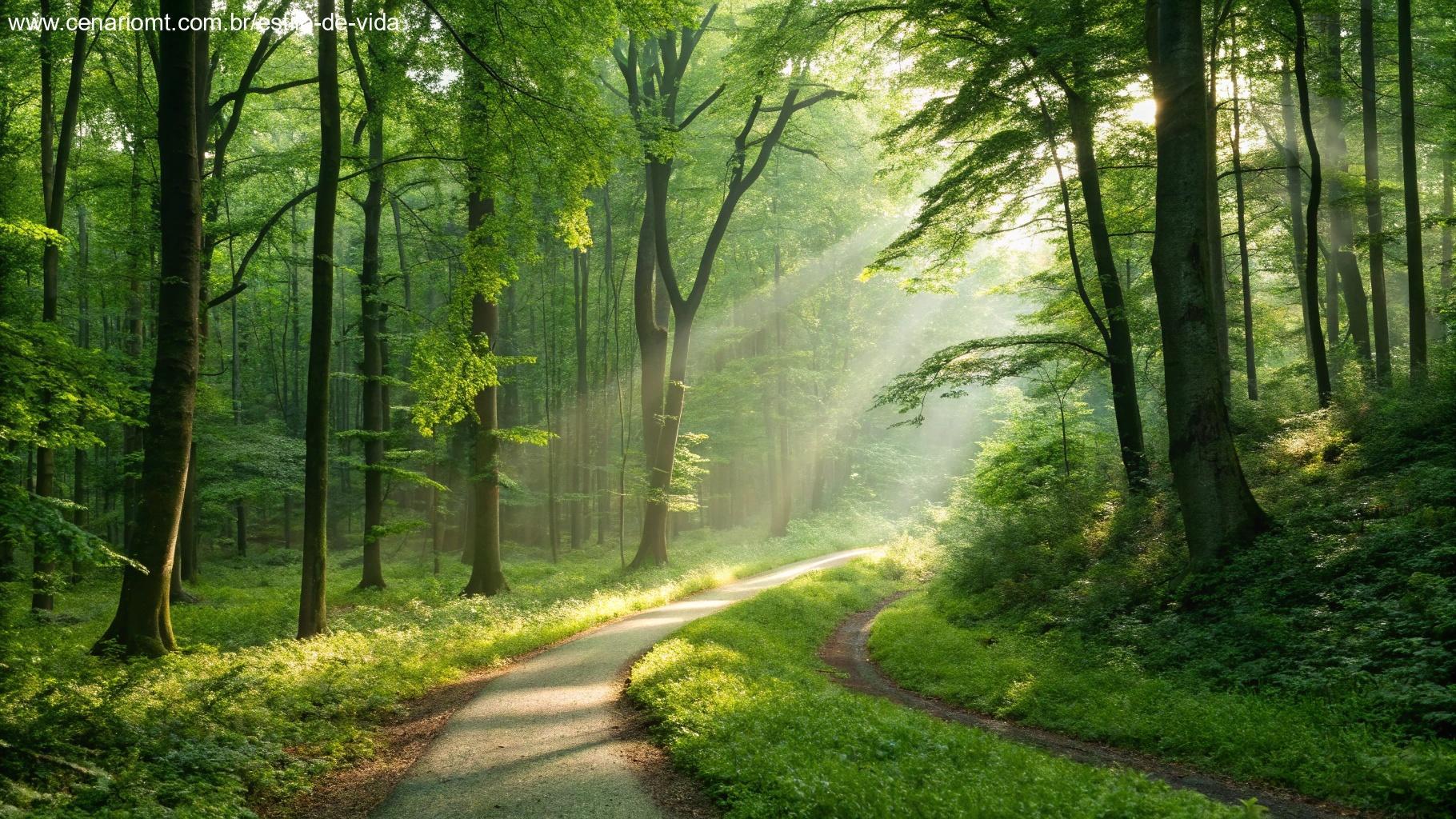 Caminho sinuoso através de uma floresta verde vibrante com raios de sol