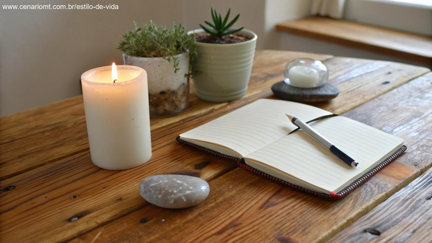 Arranjo simples de objetos espirituais em mesa de madeira: vela, caderno, pedra lisa e pequena planta