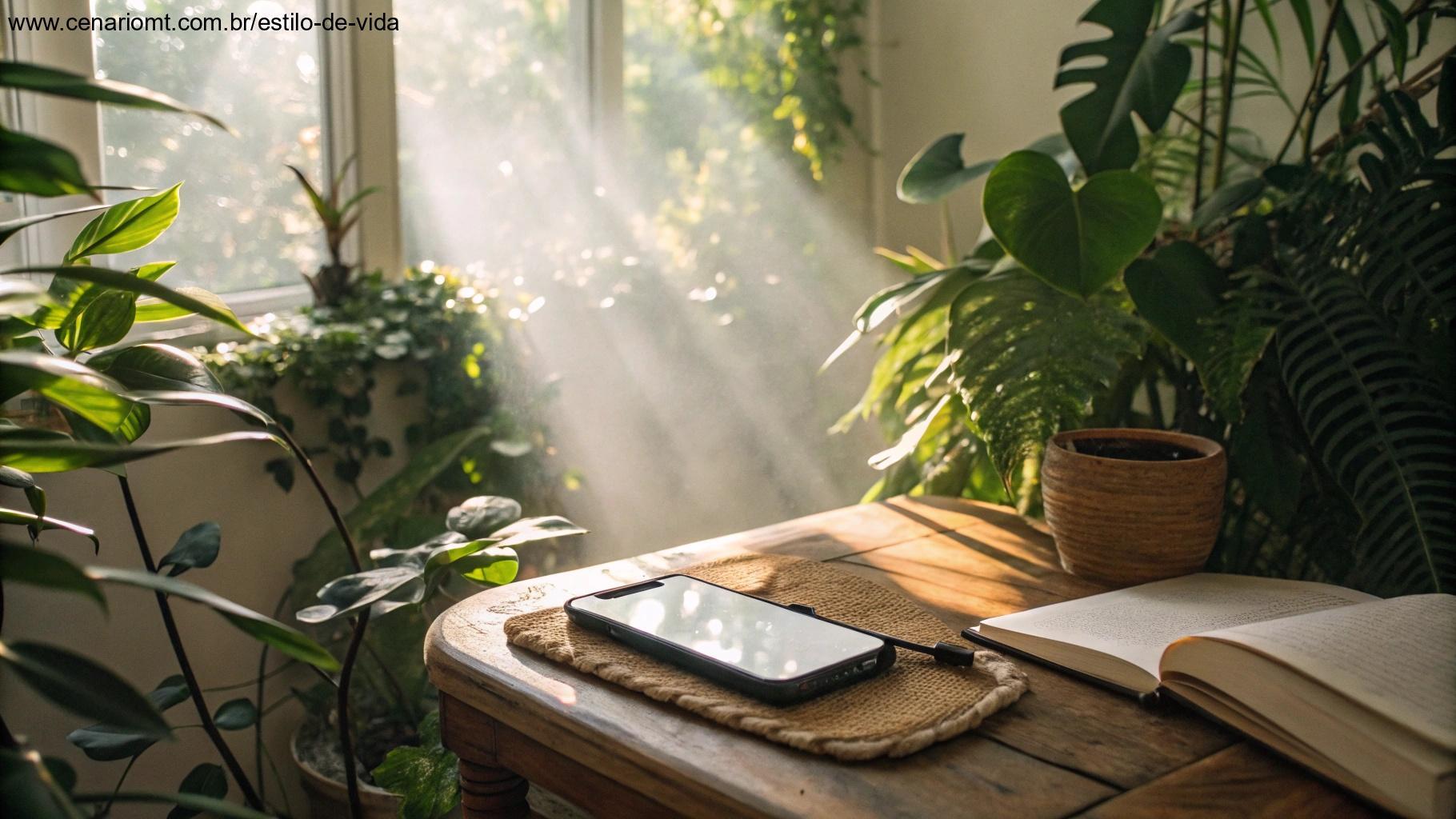 Celular sobre mesa com luz suave e plantas ao redor sugerindo envio de mensagens