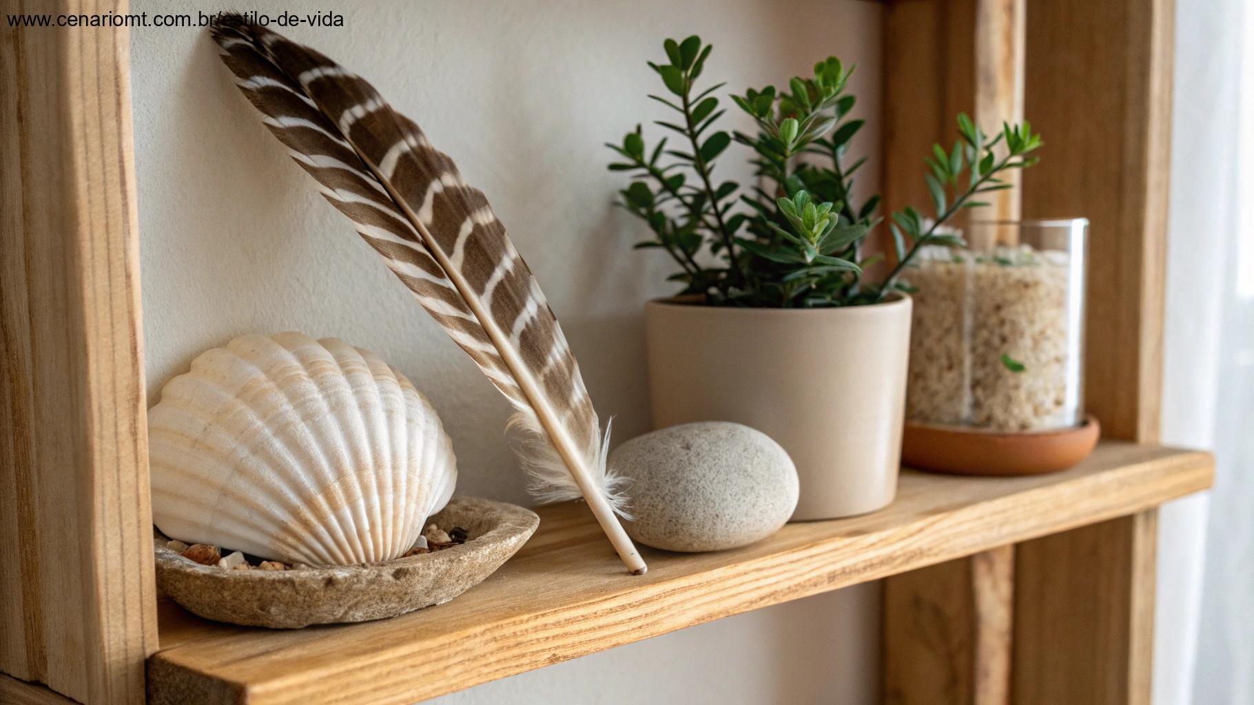 Prateleira de madeira simples com itens simbólicos: uma concha, uma pena, uma pedra lisa e um pequeno planta crescendo, dispostos harmonicamente com iluminação natural suave