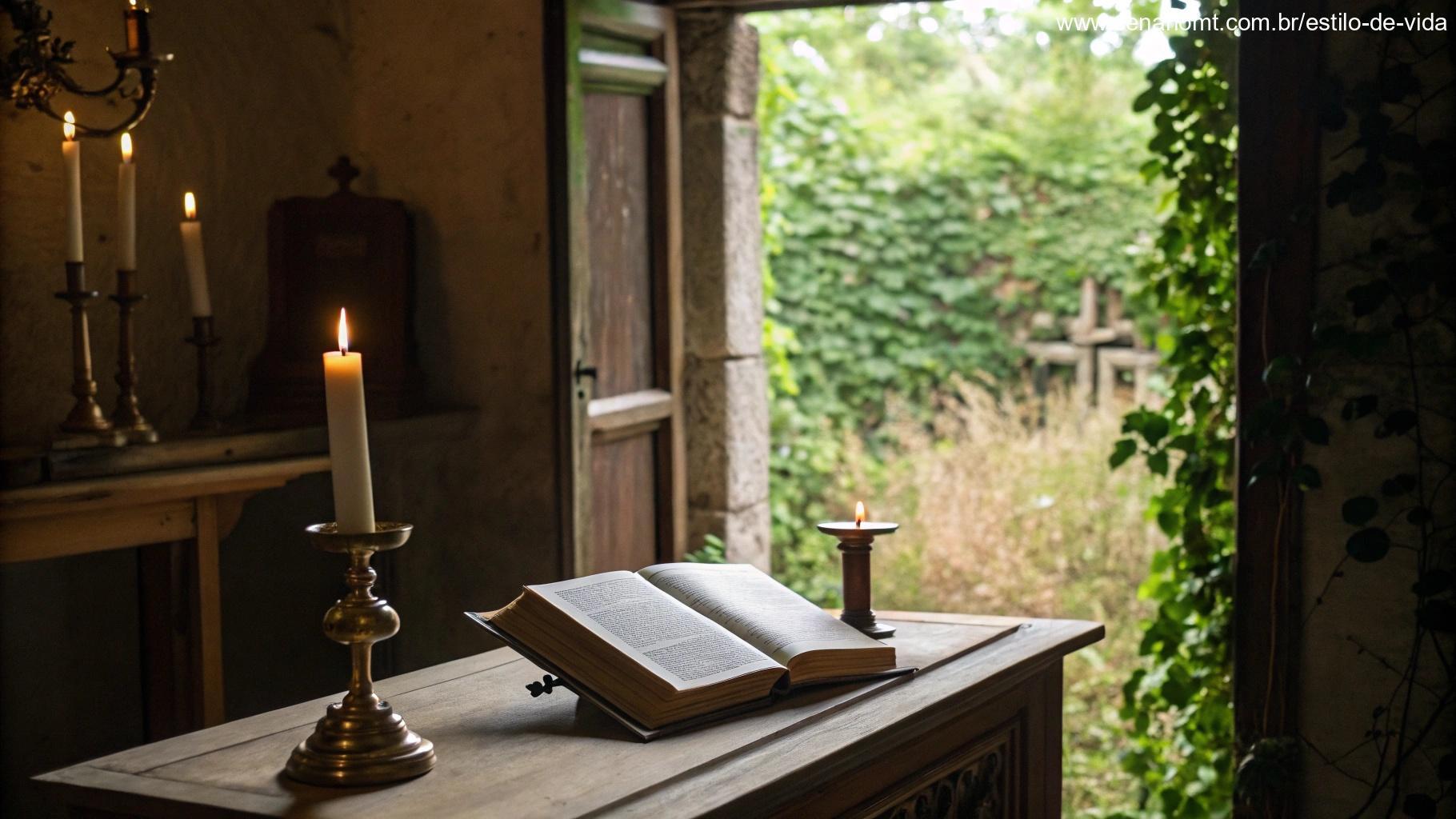 Bíblia aberta em um altar com velas acesas e janela mostrando a natureza