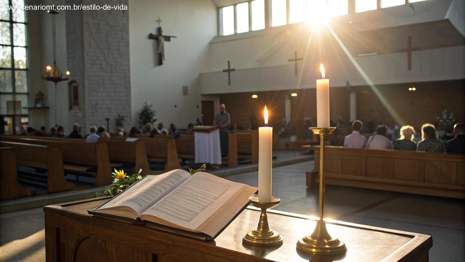 Altar preparado para a liturgia diária com velas acesas e bíblia aberta