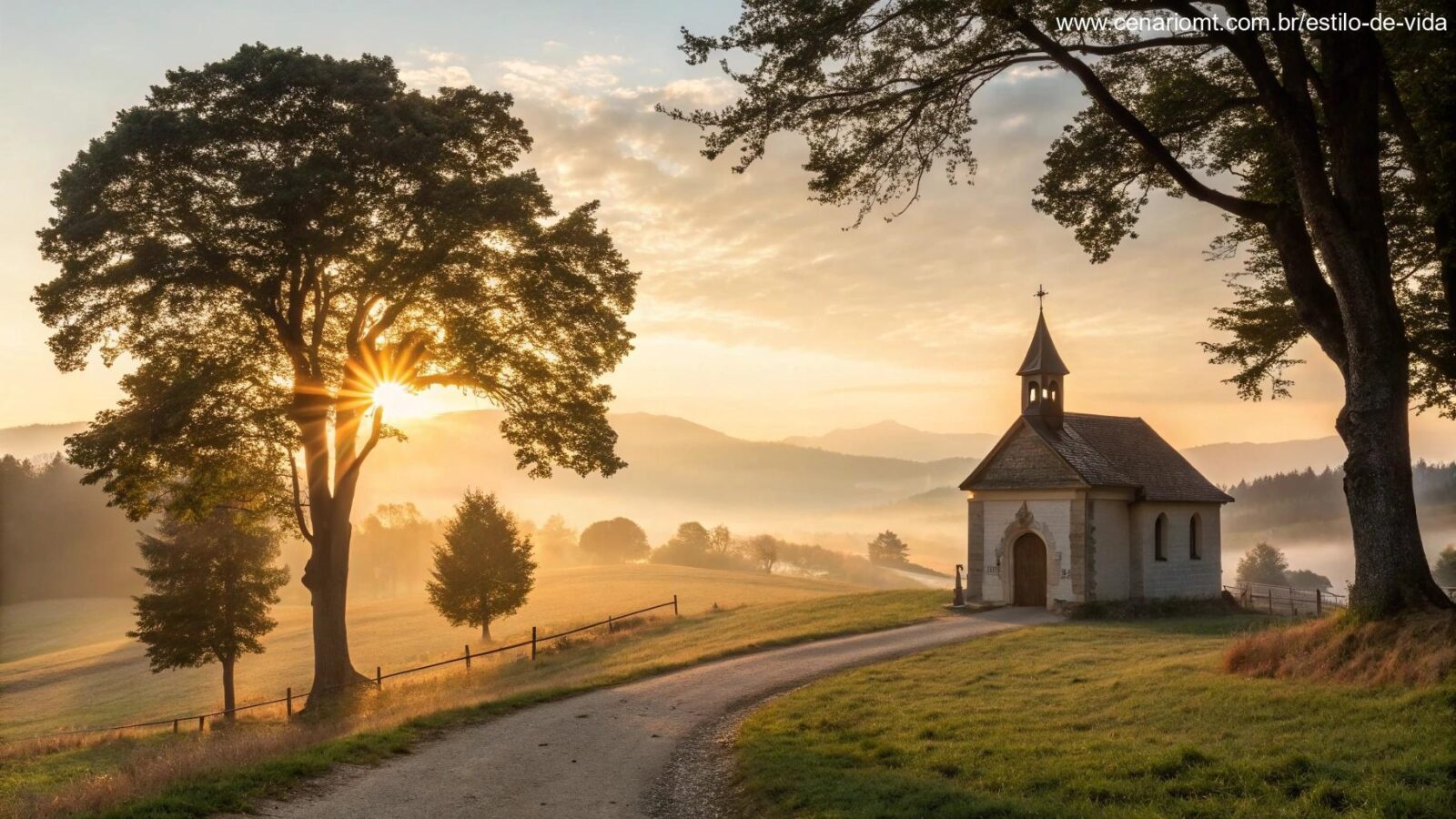 Nascer do sol sereno sobre uma capela no campo, simbolizando o Encontro com a Palavra e a Esperança