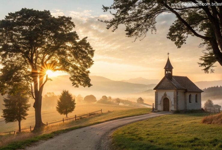 Nascer do sol sereno sobre uma capela no campo, simbolizando o Encontro com a Palavra e a Esperança