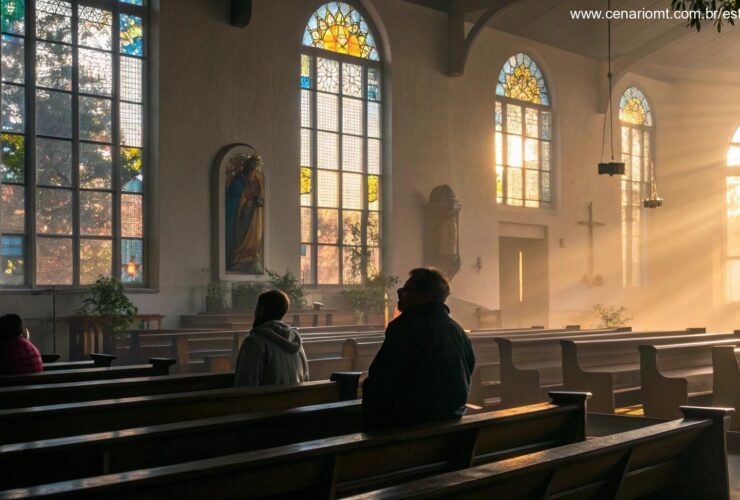 Interior de uma igreja ao amanhecer com pessoas em reflexão