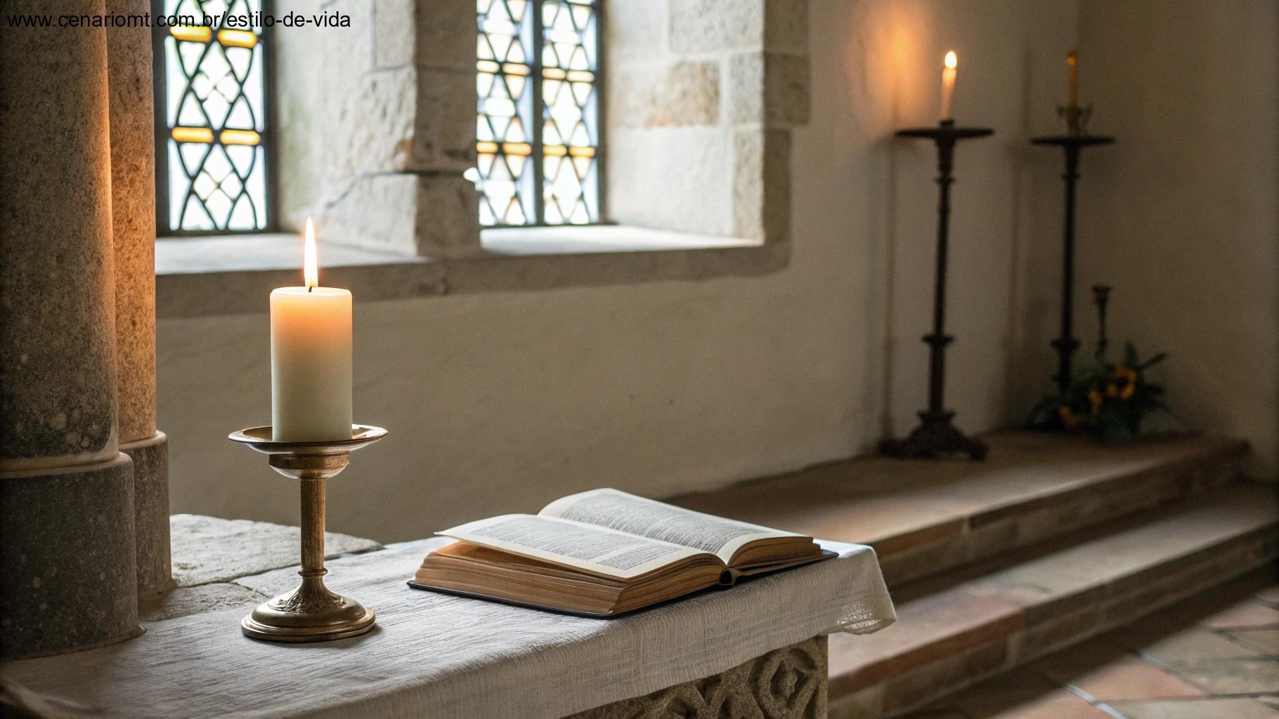 Espaço sagrado com uma vela, uma Bíblia e luz suave, simbolizando a liturgia do dia e a importância das práticas espirituais no cotidiano.