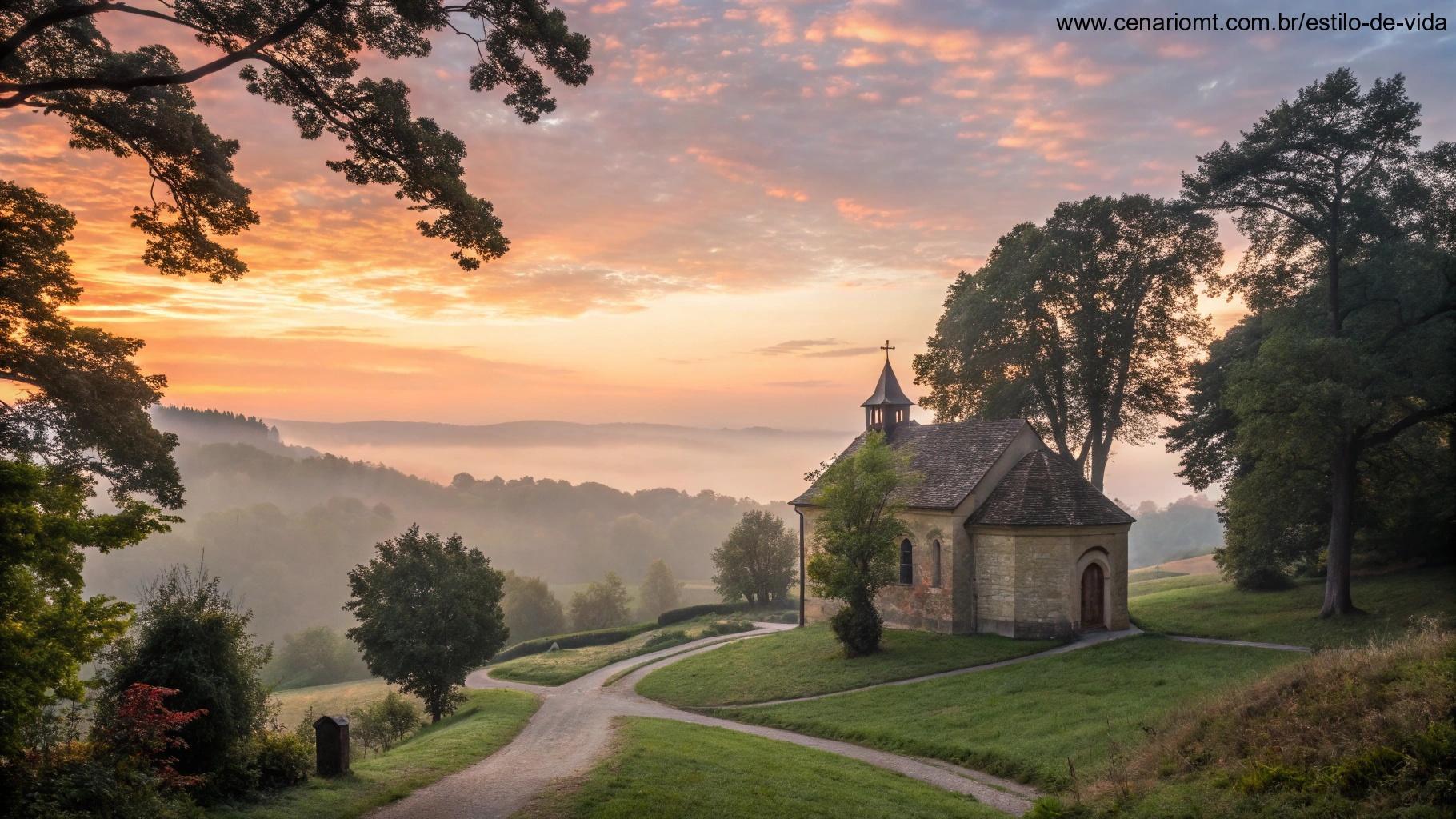 Capela no campo ao amanhecer simbolizando os ensinamentos da liturgia