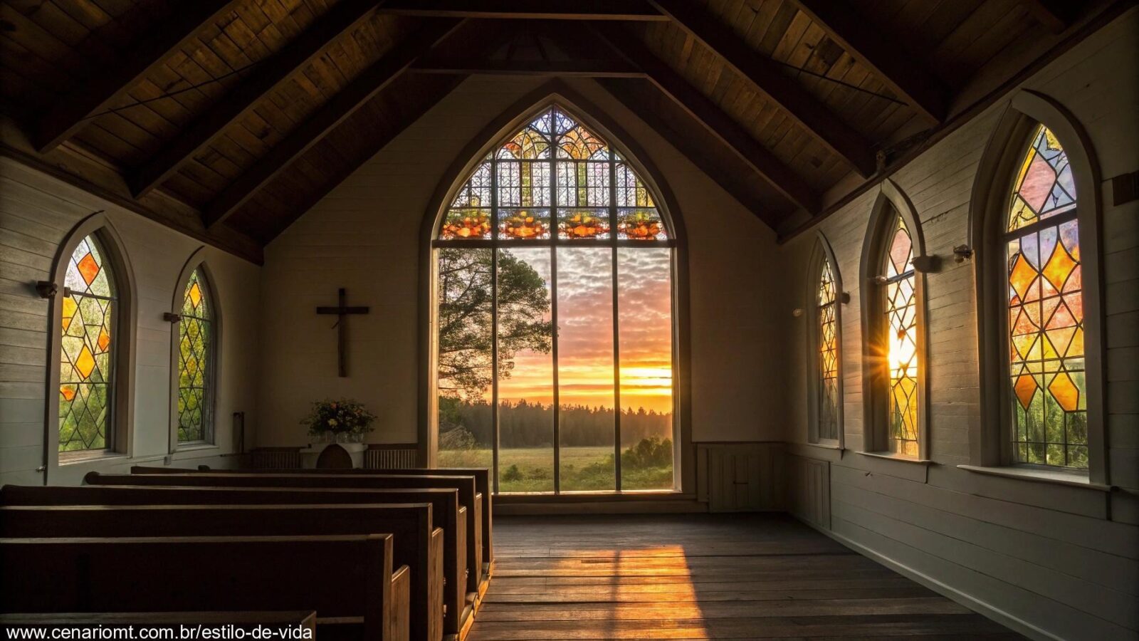 Luz suave da manhã iluminando os vitrais de uma capela no campo, simbolizando a liturgia do dia