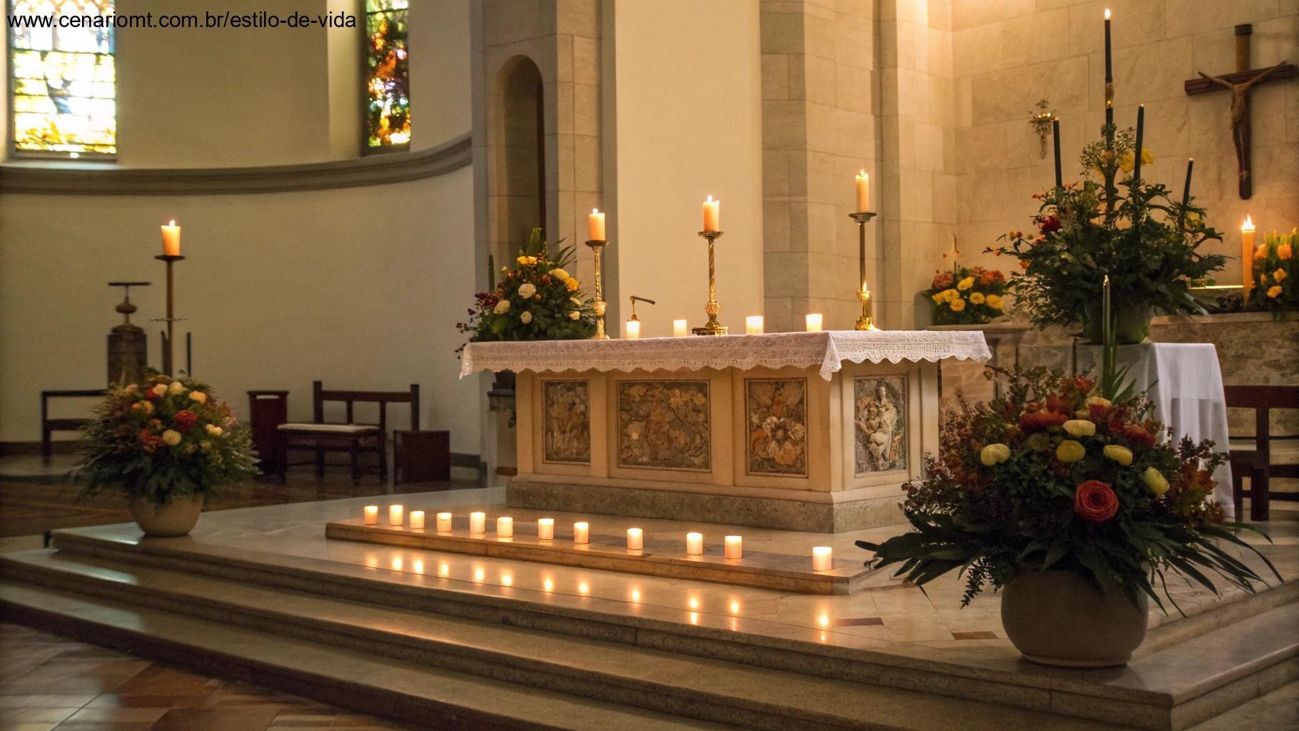 Altar de igreja com velas acesas e flores ao redor, em um ambiente de reverência.