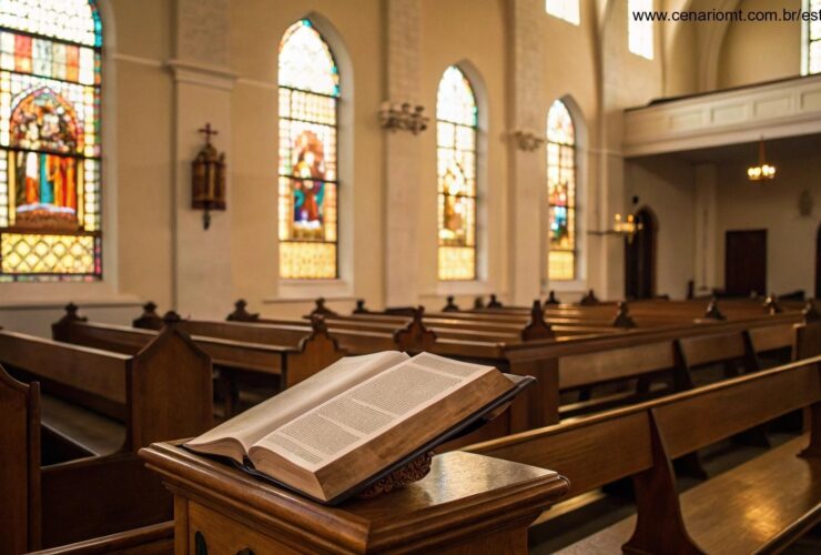 Igreja vazia com luz suave entrando por vitrais e uma Bíblia aberta no altar