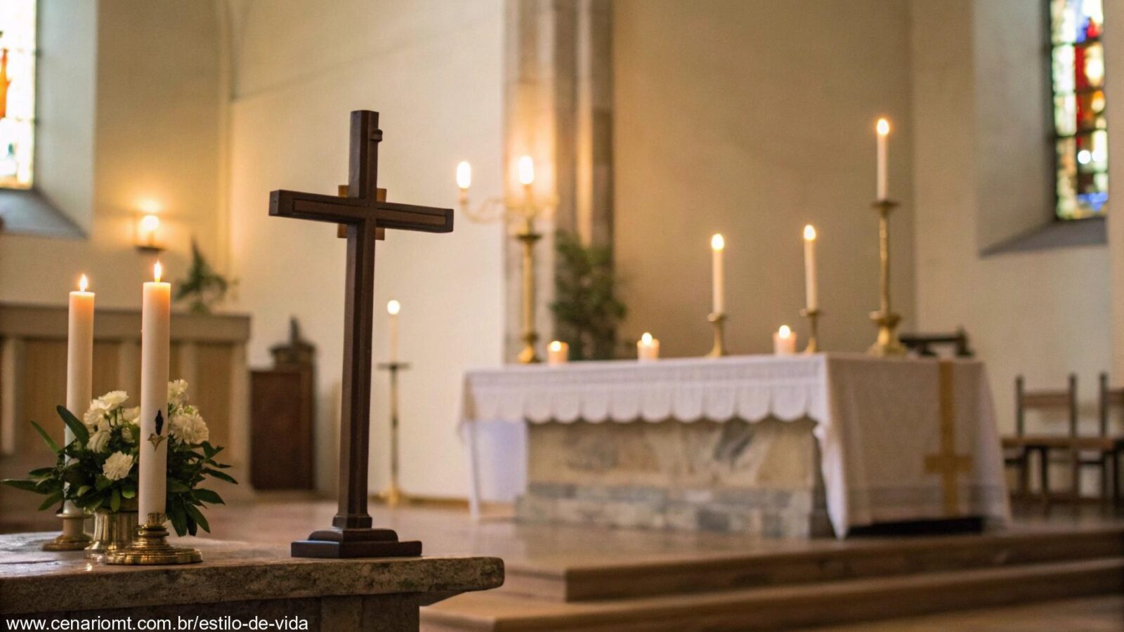 Cena tranquila de uma igreja com iluminação suave, uma cruz no altar e velas acesas ao fundo, evocando um senso de reflexão e oração.