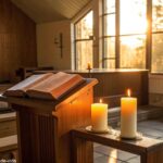 Interior de uma capela tranquila iluminada pela luz da manhã com uma Bíblia aberta no altar