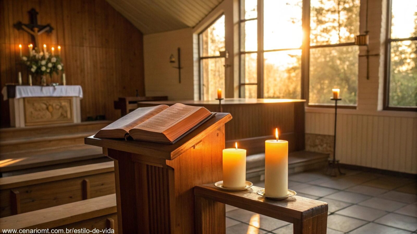 Interior de uma capela tranquila iluminada pela luz da manhã com uma Bíblia aberta no altar