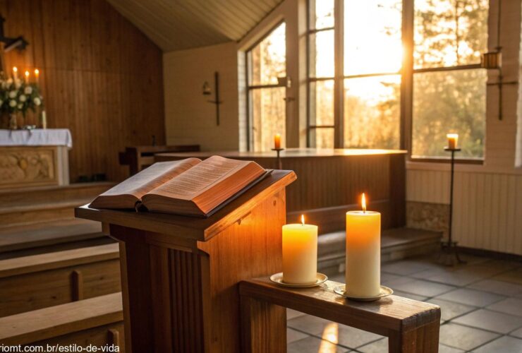 Interior de uma capela tranquila iluminada pela luz da manhã com uma Bíblia aberta no altar