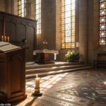 Imagem serena de um interior de igreja com luz suave filtrando pelas janelas de vidro colorido, velas acesas no altar de madeira e uma bíblia aberta em primeiro plano.