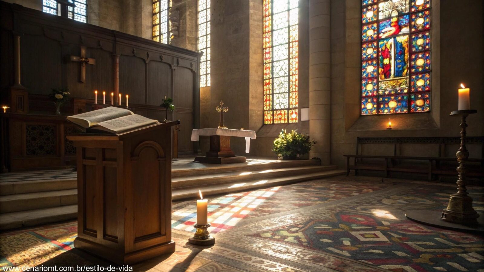 Imagem serena de um interior de igreja com luz suave filtrando pelas janelas de vidro colorido, velas acesas no altar de madeira e uma bíblia aberta em primeiro plano.