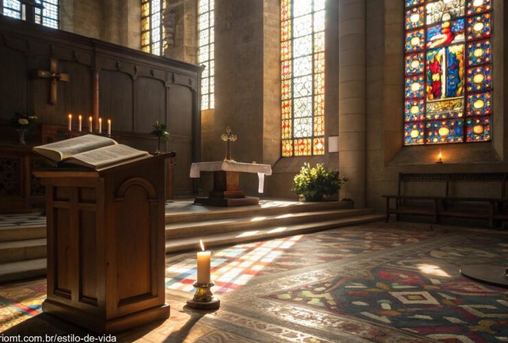 Imagem serena de um interior de igreja com luz suave filtrando pelas janelas de vidro colorido, velas acesas no altar de madeira e uma bíblia aberta em primeiro plano.
