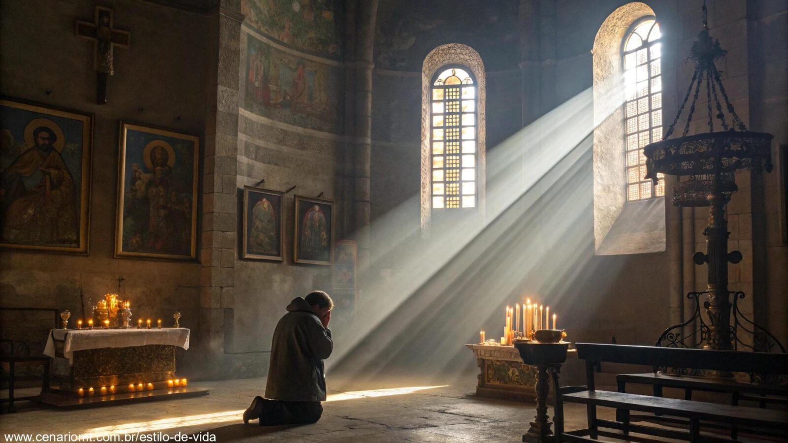 Cena de oração da liturgia da quarta-feira 30/04/2025 com luz suave e atmosfera de fé